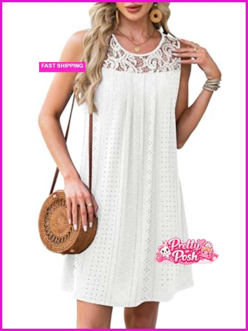 Sleeveless Lace Crewneck Sundress, Soft Polyester-Spandex, Beach Cover Up, UPF - Picture 2 of 6